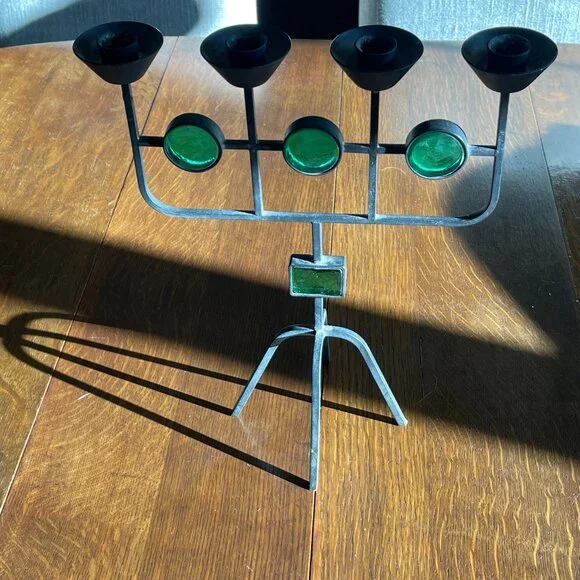 Mid Century Swedish Gunnar Ander for Ystad Metall Wrought Iron and Glass Candlea - Picture 2 of 4